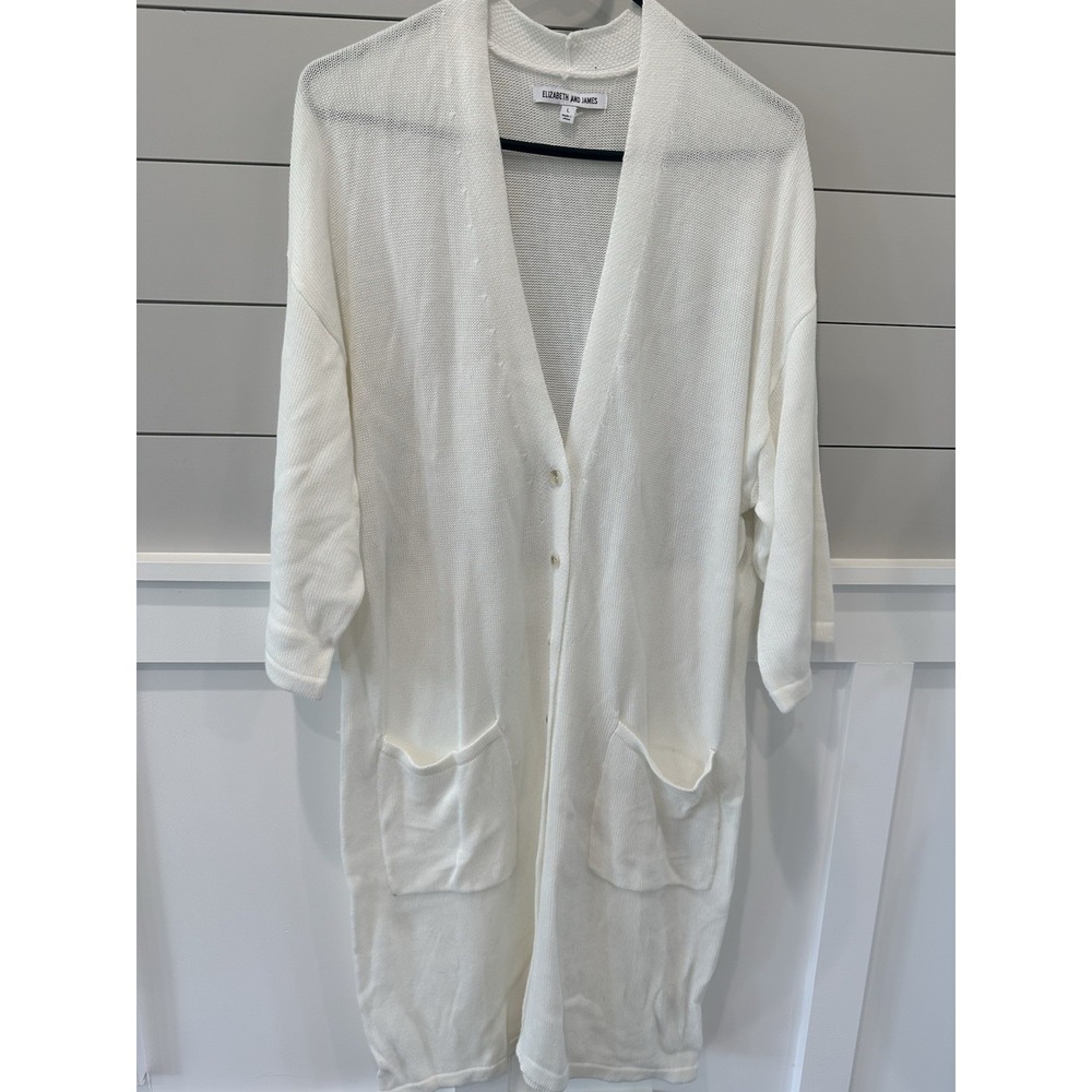 Elizabeth And James Women's Ivory Knit Full‎ Length Buttoned Cardigan Size Large